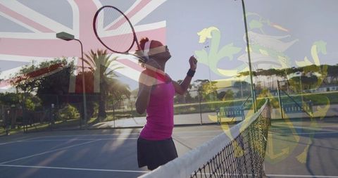 Serving tennis player celebrating with British flag and gold crest overlay at golden hour