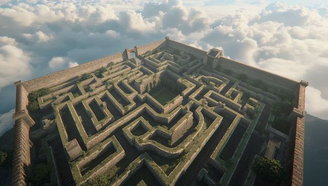 Ancient stone fortress maze floating above clouds, crenellated walls and mossy parapets