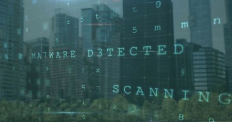 Digital malware detection technology with cityscape background