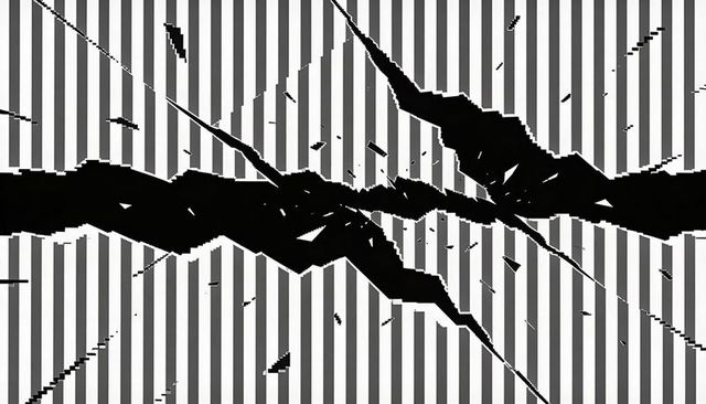 Jagged black rift splitting vertical stripes high-contrast monochrome abstract geometric art