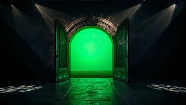 Revealing ornate arched doors swinging open to emerald portal on dramatic stage with spotlight haze