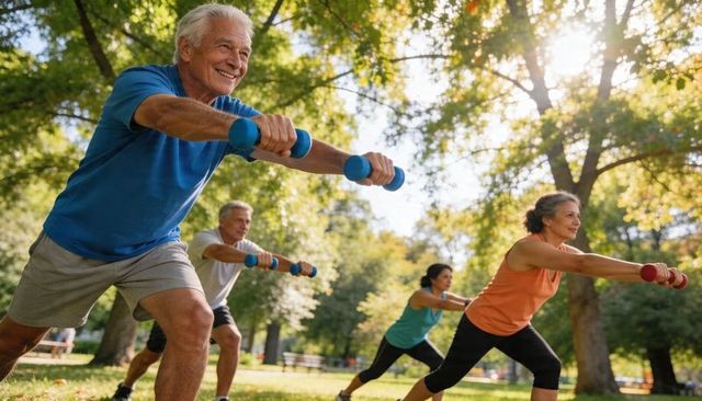 Senior leading outdoor fitness class lunging with dumbbells in sunlit park