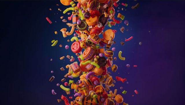 Vibrant swirl of halloween sweets in motion