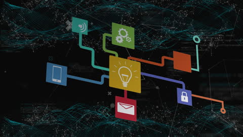 Futuristic Network Digital Icons on Abstract Green Waves