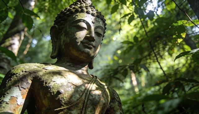 Weathered buddha statue leaning in dense forest, moss-covered patina, sunlit tranquility