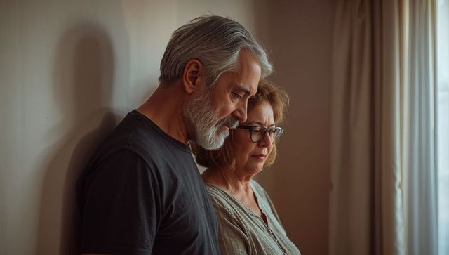 Thoughtful senior couple leaning at window in warm minimal interior, soft sunlight