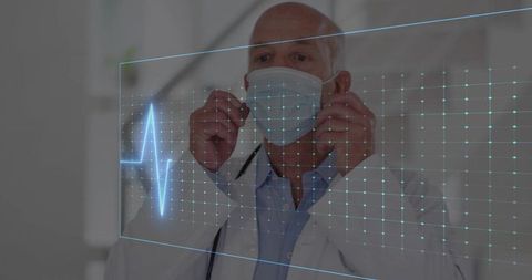Senior doctor adjusting mask with augmented reality ECG overlay in clinic