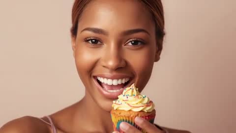 Smiling woman holding cupcake, playfully biting frosting while showing joyful expression