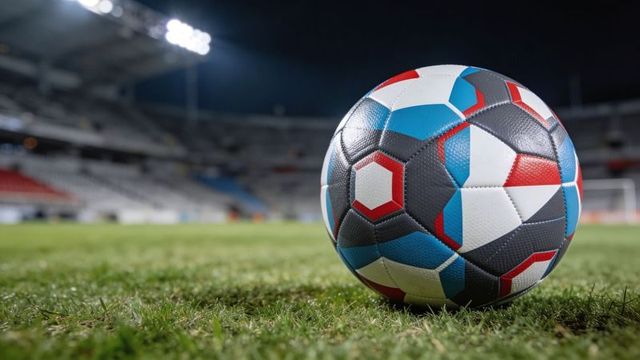 Resting multicolor soccer ball on grass under stadium floodlights at night, close-up texture