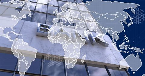 Global Finance Concept with Bank Office and World Map Overlay - Download Free Stock Images Pikwizard.com