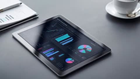 Tablet Analytics Dashboard Under Shifting Light Glare on Office Desk for Data Visuals