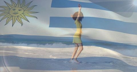 Vibrant Woman on Sunlit Beach Overlapped with Uruguay Flag