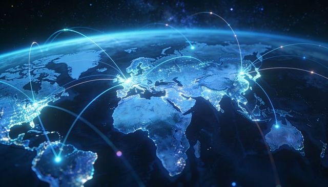 Global digital network visualizing illuminated megacities and data links across continents