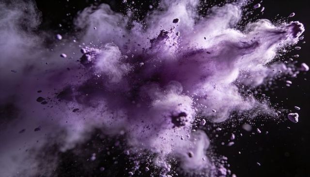 Exploding violet powder cloud creating dramatic purple plume with floating particles, dust