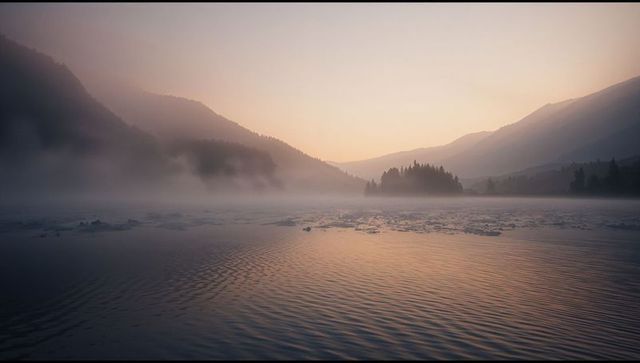 Misty Alpine Lake at Sunrise with Floating Ice and Forested Islet