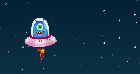 Cartoon alien in ufo flying through space with stars