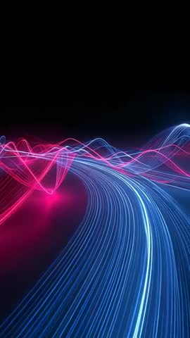 Vertical neon data stream advancing through dark void with blue and pink light ribbons