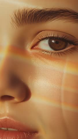 Vertical portrait video of woman blinking while shifting sunlight through blinds and shadow stripes