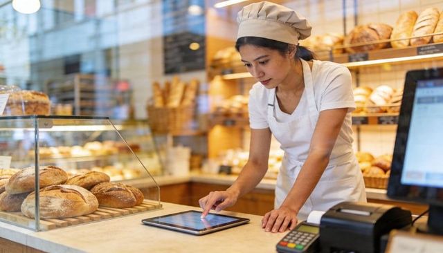 Artisan baker managing tablet orders at counter with fresh sourdough loaves