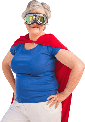 Senior Woman in Superhero Costume with Transparent Background