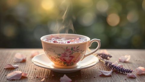 Steaming floral porcelain teacup with lavender and rose petals on wooden table