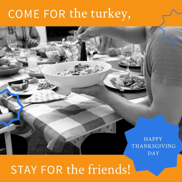 Composition of happy thanksgiving day text over caucasian family having dinner. Thanksgiving day and celebration concept digitally generated image.