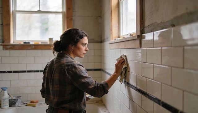 Female renovator wiping subway tile walls during bathroom remodel with natural light