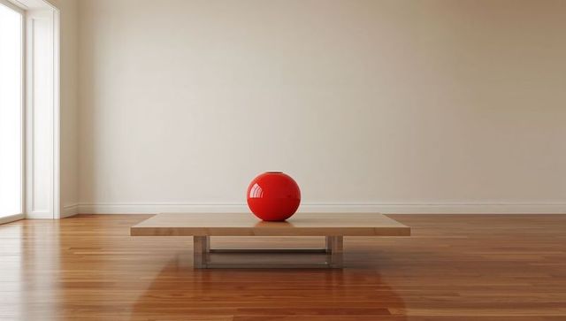 Minimalist interior with glossy red orb vase on low wood platform and sunlit hardwood