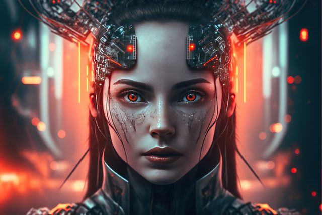 Future tech cyberpunk woman with glowing red eyes in a cybernetic setting. Perfect for sci-fi stories, futuristic concept artwork, technology blog posts, or cyberpunk-themed projects. The neon and metallic elements emphasize a high-tech, otherworldly vibe, making it ideal for use in promotional materials, visual novels, and gaming concept art.