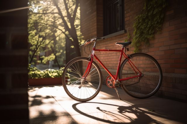 A vintage red bicycle is parked on a sunny terrace. The sunlight casts long shadows and highlights the bike's details. Ideal for themes of relaxation, cycling, vintage lifestyles, and outdoor leisure. Perfect for use in marketing materials, cycling promotions, or lifestyle blogs.