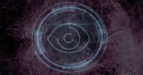 Futuristic Digital Eye with Interface Over Purple Filament Background