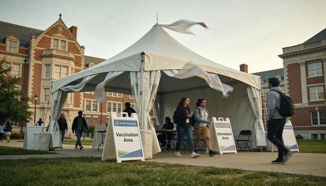 University vaccination tent on campus quad with students walking and volunteers assisting