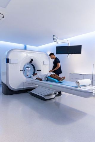 Asian technician preparing african american patient for ct scan in modern radiology bay