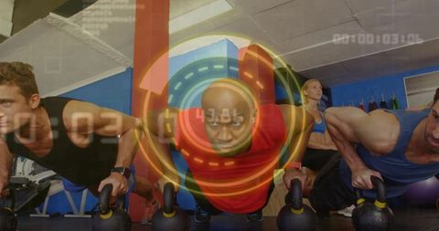 Futuristic kettlebell push-up training with digital hud overlay and group fitness focus