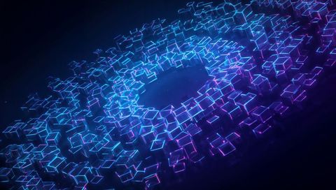 Rotating torus of neon wireframe cubes orbiting virtual void with cyan magenta glow