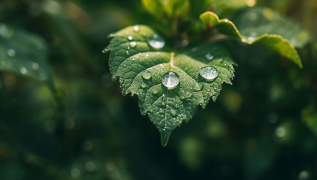 Glistening dew on serrated green leaf with visible veins and crystal droplets