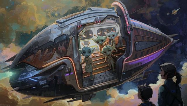 Alien children disembarking futuristic space shuttle