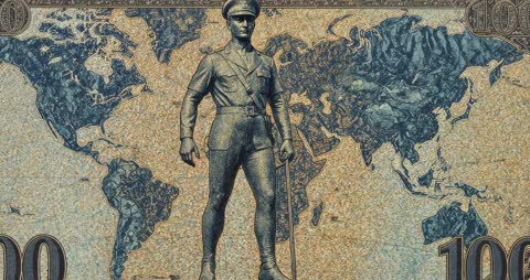 Statue of Soldier Holding Flag with Global Background