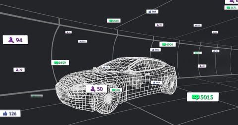 Digital Wireframe Car in Futuristic Tunnel with Social Media Icons