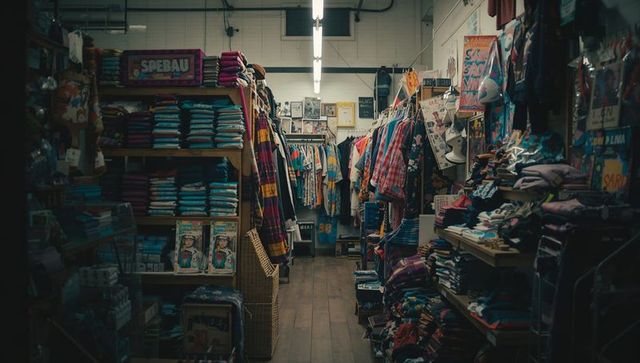 Narrow boutique aisle drawing eye to back wall, shelving stacked with folded garments