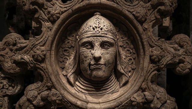Weathered stone medallion with helmeted warrior face and ornate floral frame