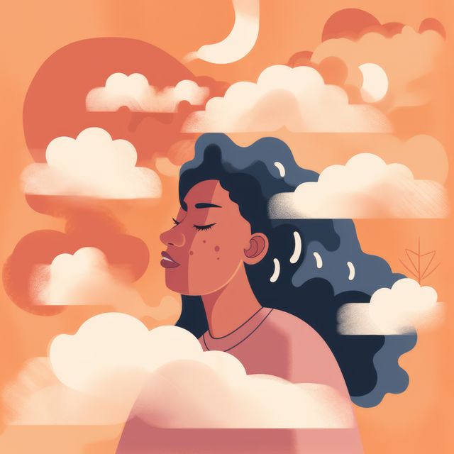 This illustration shows a woman surrounded by soft, fluffy clouds against an orange background, representing a calm, dreamy state of mind. Ideal for projects related to mindfulness, wellness, or relaxation. Suitable for use in digital media, editorial pieces, posters, and art prints, as well as content emphasizing tranquility and imagination.