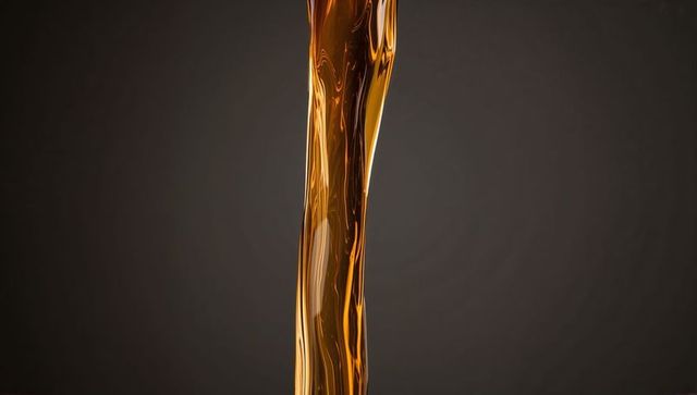 Pouring golden viscous liquid stream with glossy reflections, vertical closeup