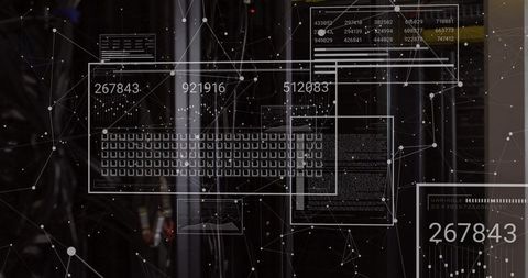 Datacenter dashboard overlay displaying network nodes, keyboard grid and analytics