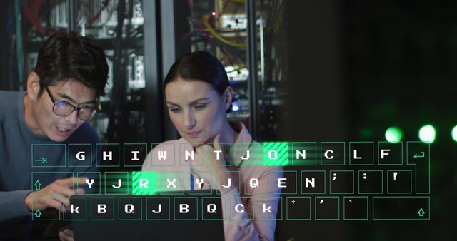IT professionals in server room analyzing data with futuristic holographic keyboard. Suitable for use in technology blogs, cybersecurity articles, IT company promotions, and digital transformation content.
