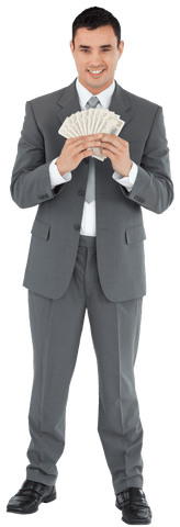 Businessman in formal suit, smiling while holding stack of dollar bills suggests success and confidence in financial ventures. Ideal for finance-related content, illustrating wealth, professional growth, entrepreneurship themes or positive business outcomes. Useful for websites, advertisements, or financial presentations needing an uplifting and strong visual representation.