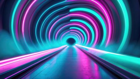 Futuristic Neon Tunnel with Reflective Surfaces and Swirling Mist