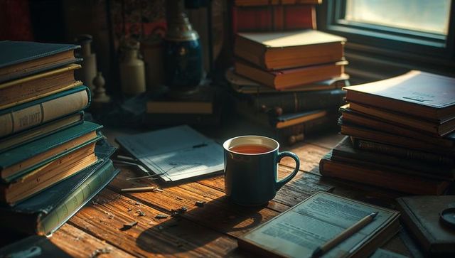 Cozy workspace with tea and vintage books