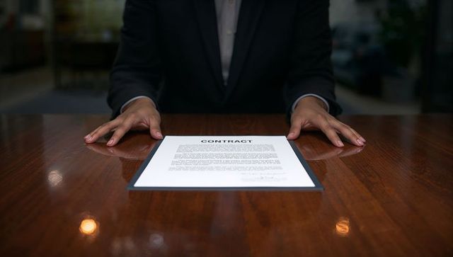 Business executive presenting contract on polished conference table, hands poised to sign