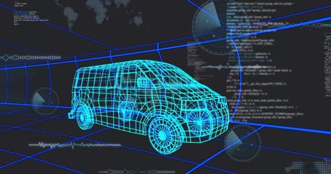 Wireframe Van with Virtual Code Overlays in Futuristic Tunnel